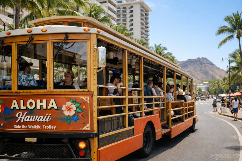 ワイキキを走るトロリーに乗る観光客の様子