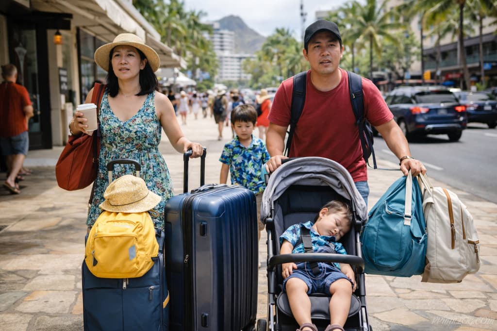 ハワイでベビーカーと荷物を持って移動する家族のイメージ
