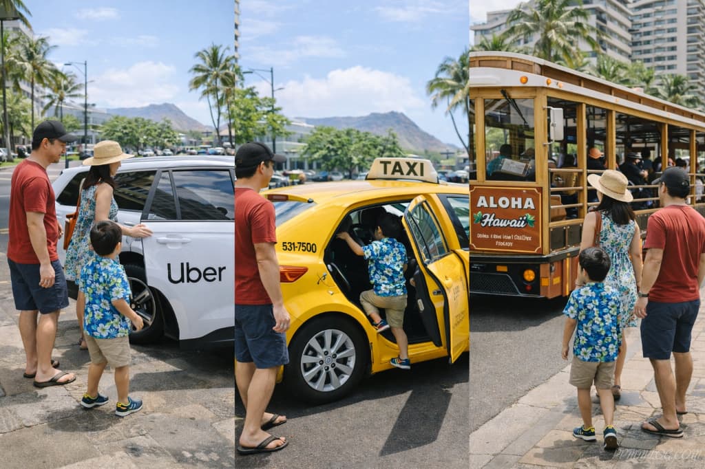 ハワイでUberやタクシーを利用する家族の様子