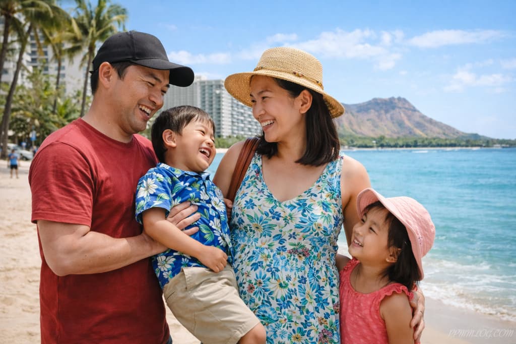 ハワイで楽しく過ごす子連れ家族のイメージ