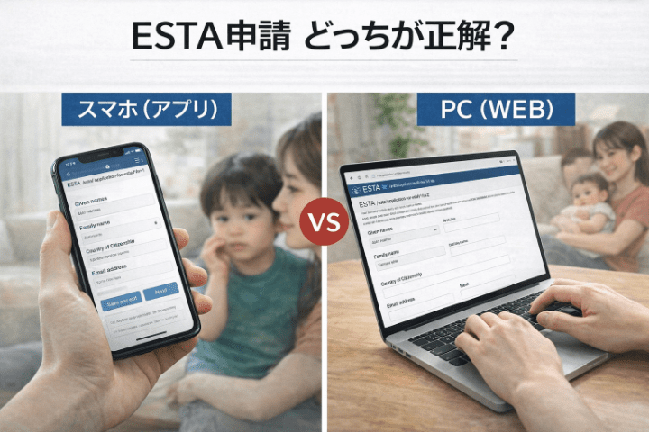 ESTA申請でスマホアプリとWEB版を比較しているイメージ